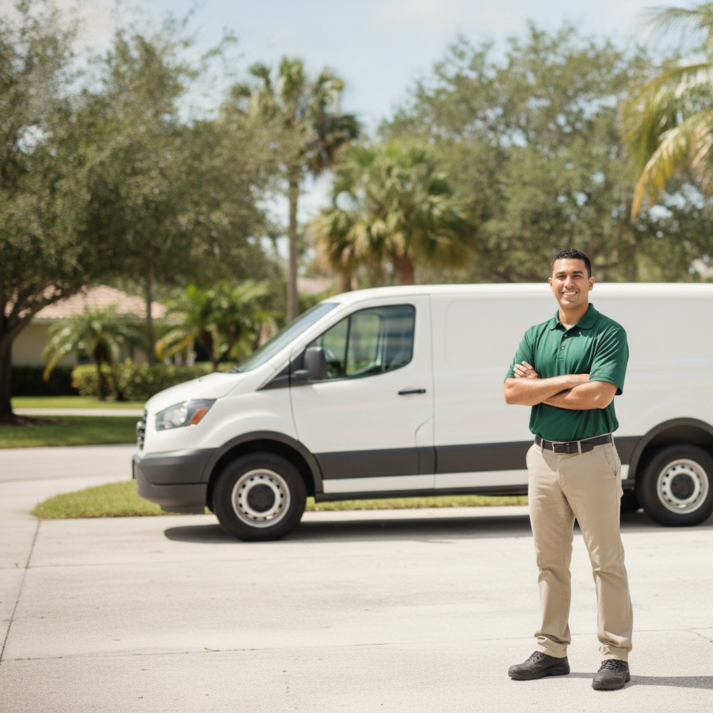 Local Lakeland, FL pest control professional beside a service van