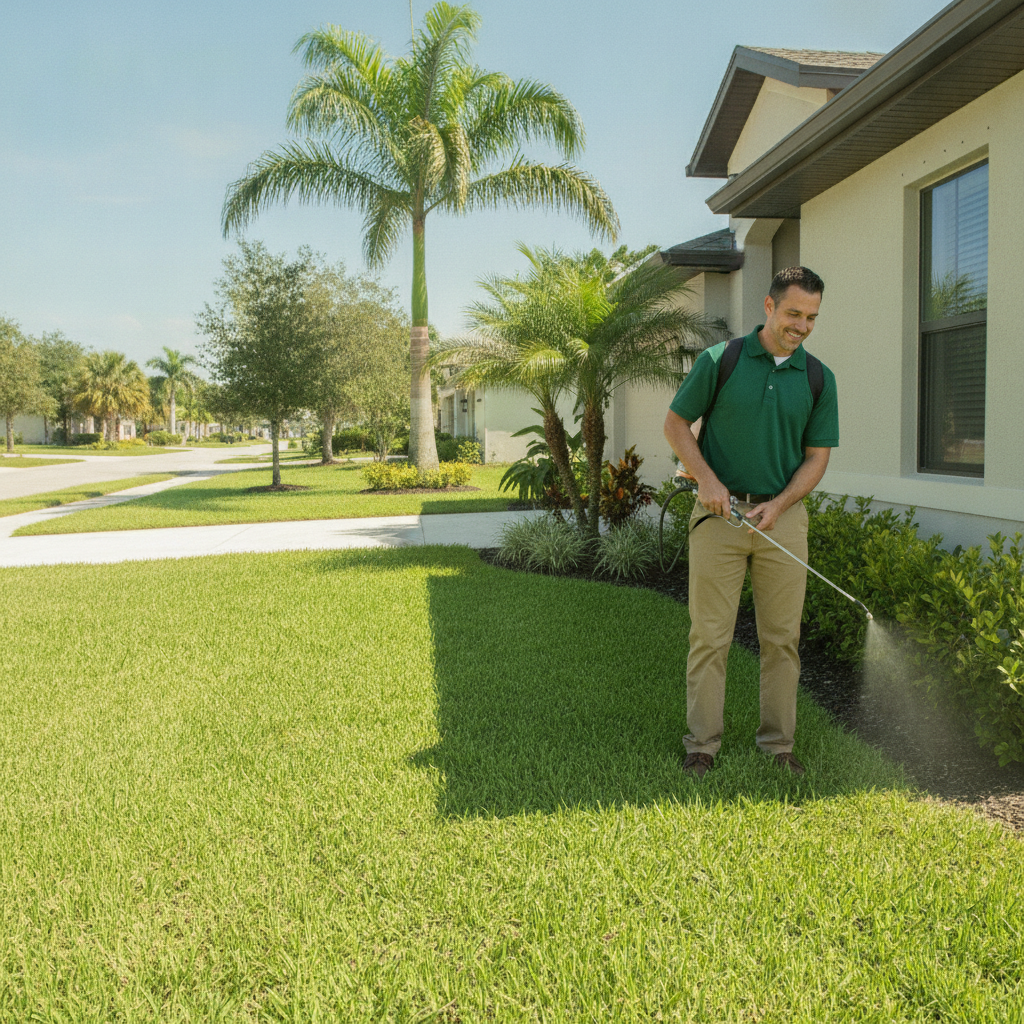 Pest control technician treating the exterior of a Lakeland, FL home